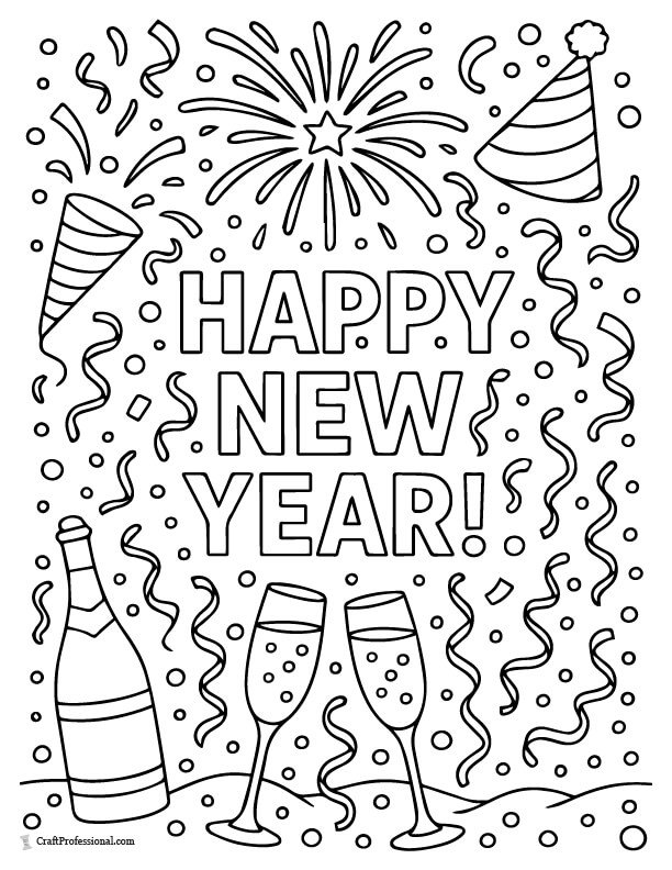 New Year celebration scene with confetti and snow and text "Happy New Year" coloring page