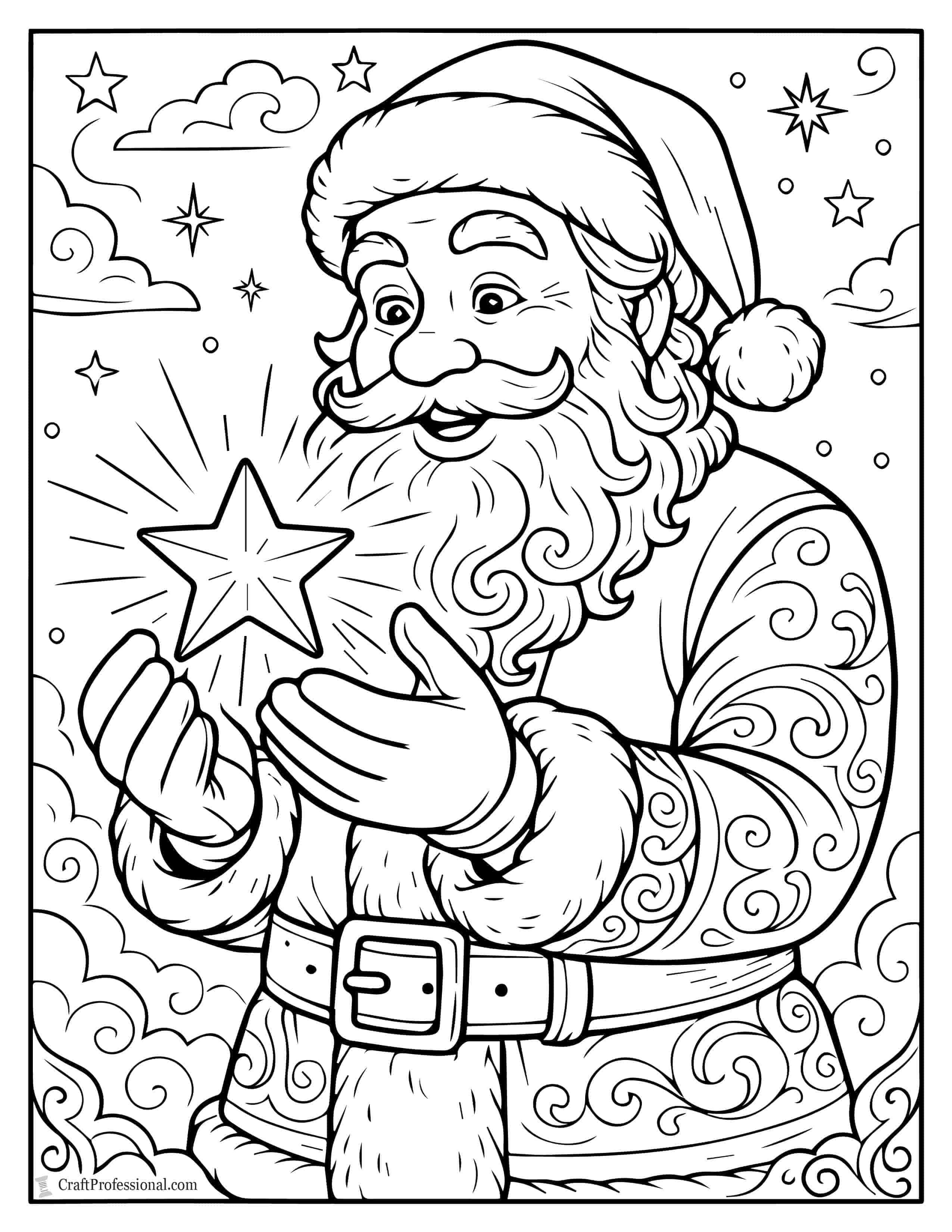 Santa holding a glowing star coloring page