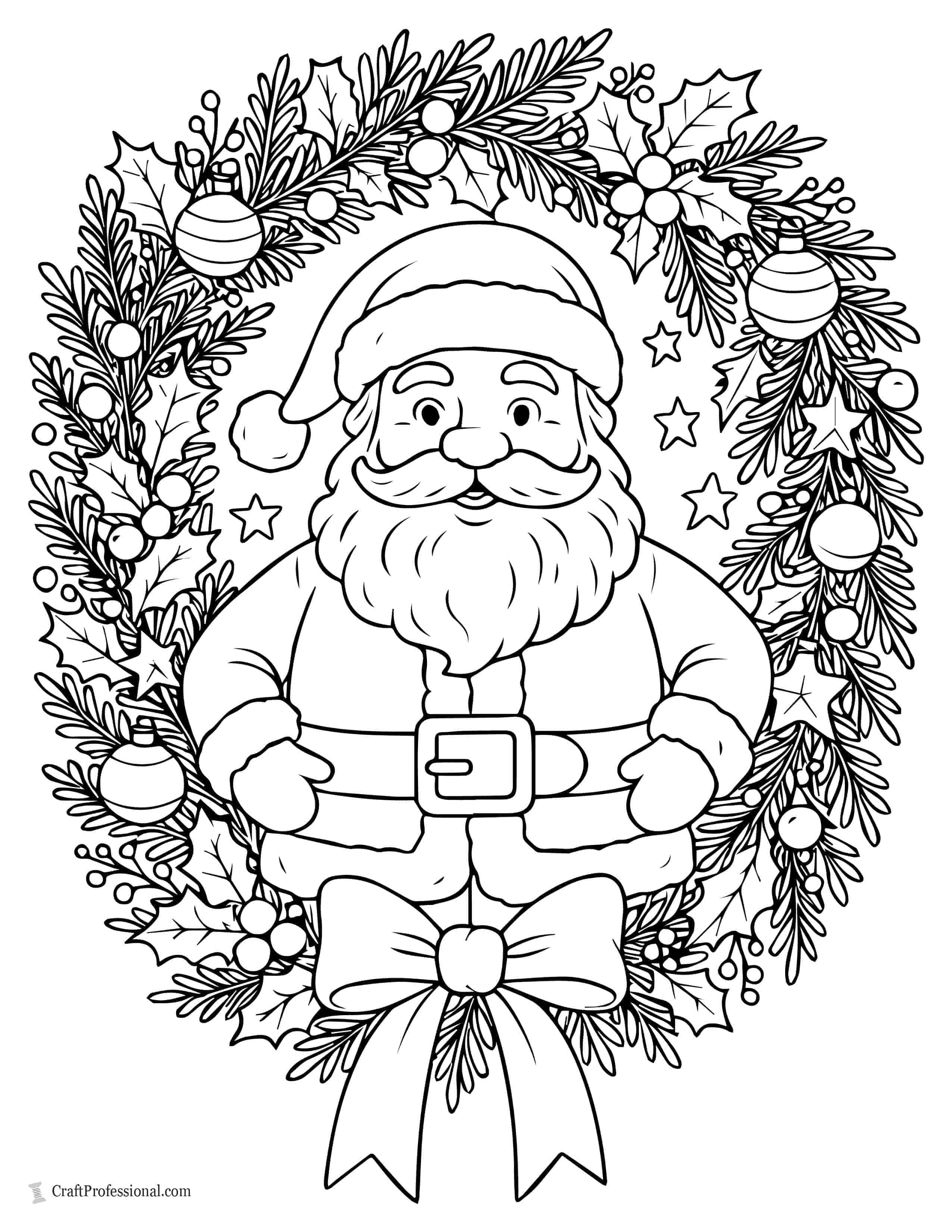 Santa inside a Christmas wreath coloring page
