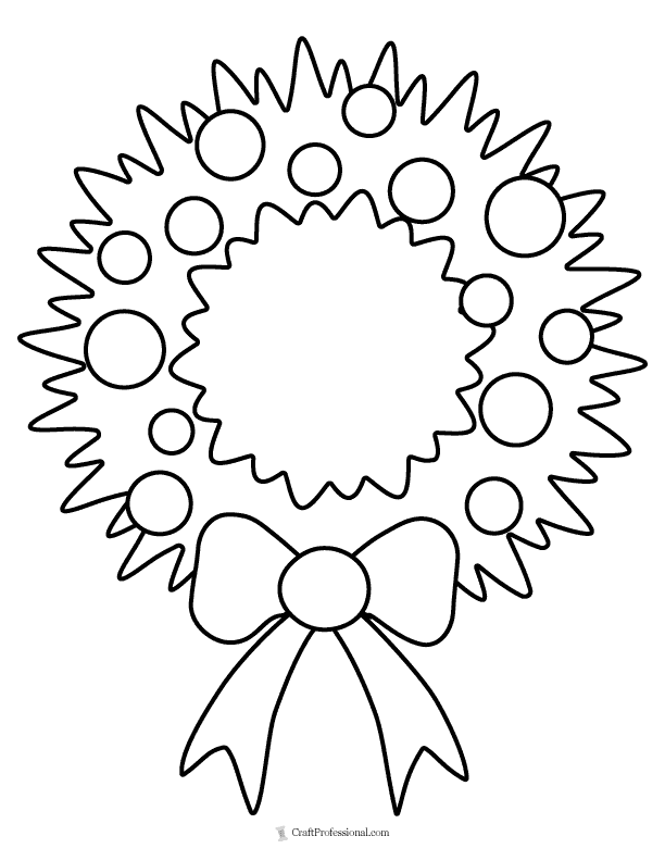 Coloring page: Christmas wreath with round ornaments and a bow on the bottom