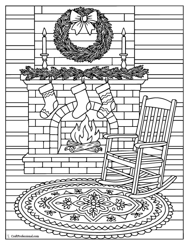 Christmas fireplace with a rocking chair and a patterned rug detailed coloring page.