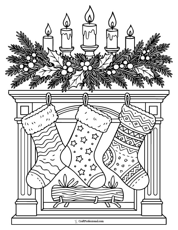 Mantelpiece with a Christmas garland, stockings, and candles coloring page.
