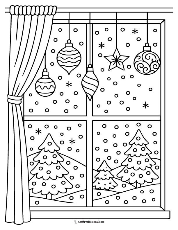 Window scene with snowy view and hanging Christmas ornaments coloring page.