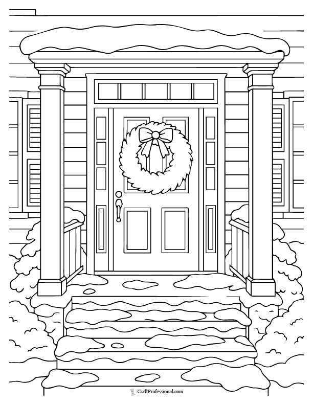 Front porch with a Christmas wreath and snowy steps coloring sheet.