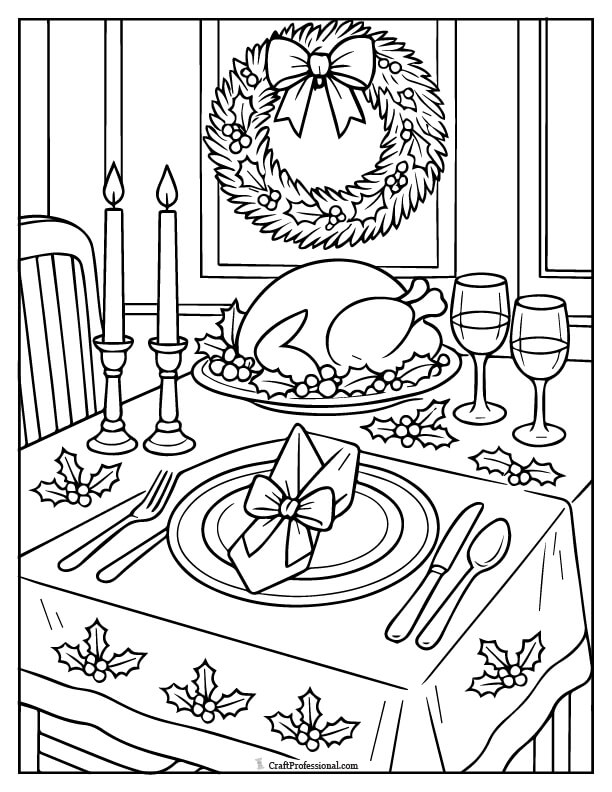 Table set for Christmas dinner to color.