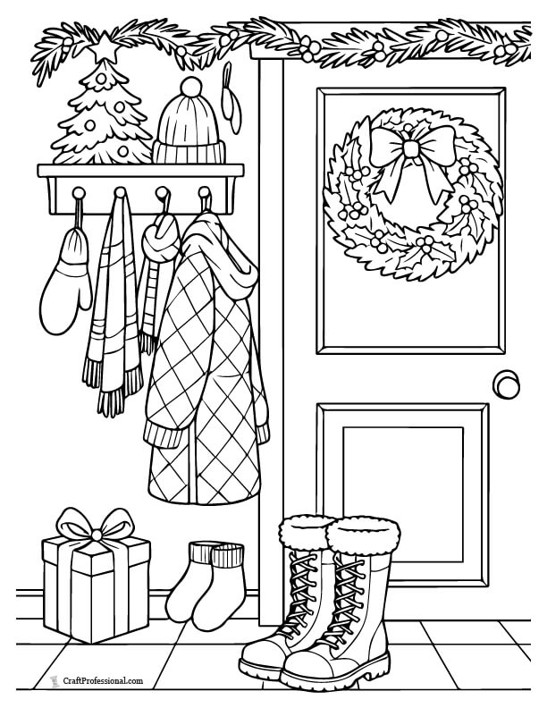 Entryway at Christmas with a coat rack, boots, and winter accessories coloring page.
