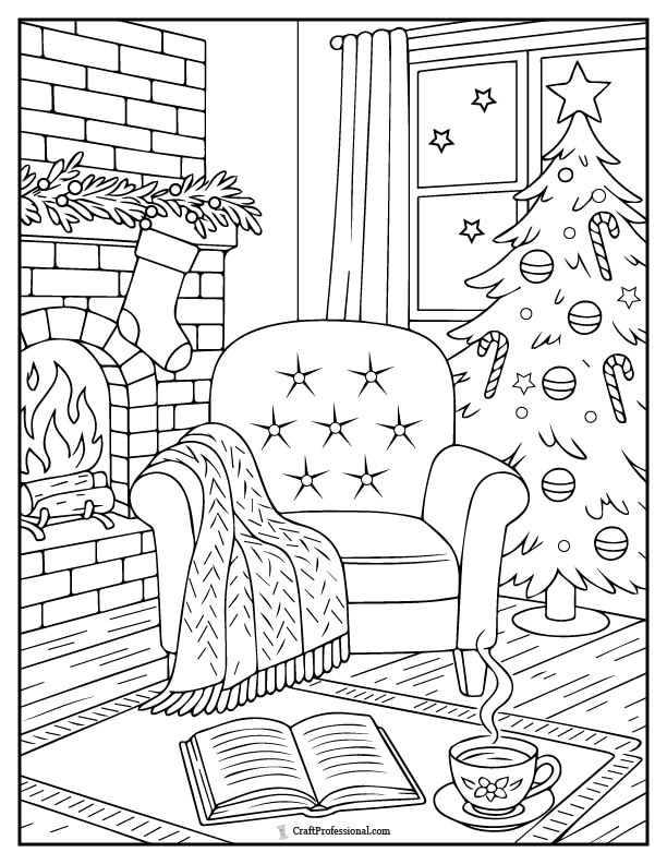 Cozy reading nook at Christmas with a book and tea coloring page.