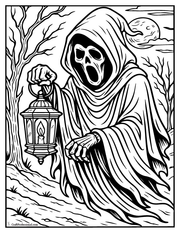 Hooded ghost with a lantern coloring page