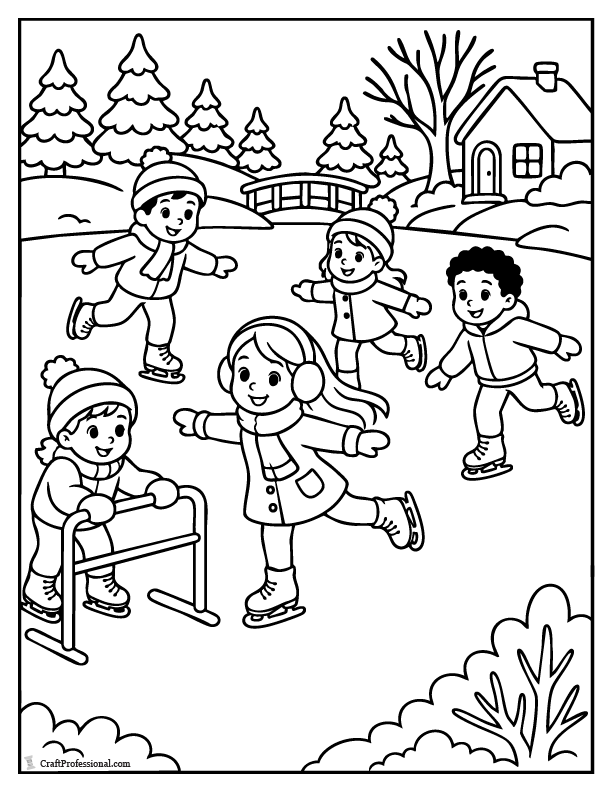 Kids ice skating coloring page with friends skating together on a snowy outdoor pond.