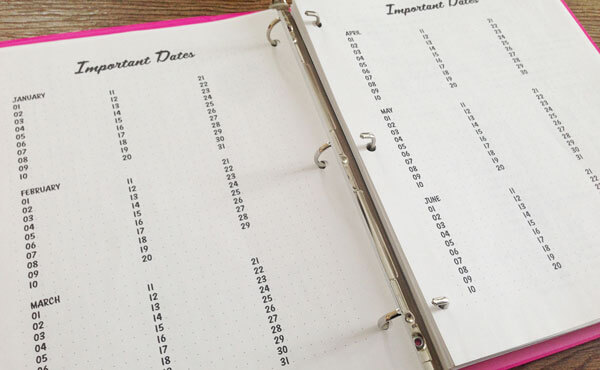 Important date pages in a printable planner Important date pages in a printable planner