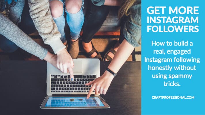 Group sitting around laptop with text overlay Get More Instagram Followers