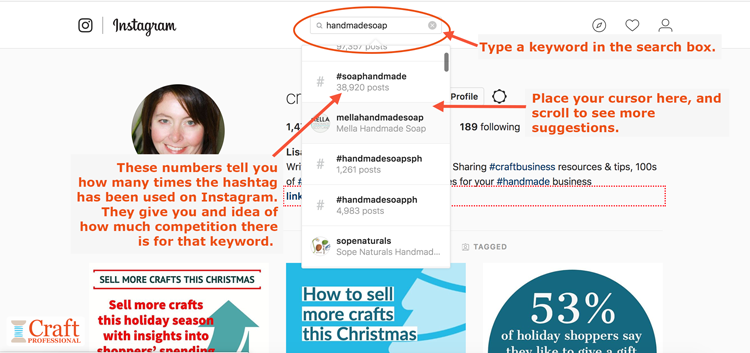 Instagram account with search term entered into search bar. Instagram account with search term entered into search bar.