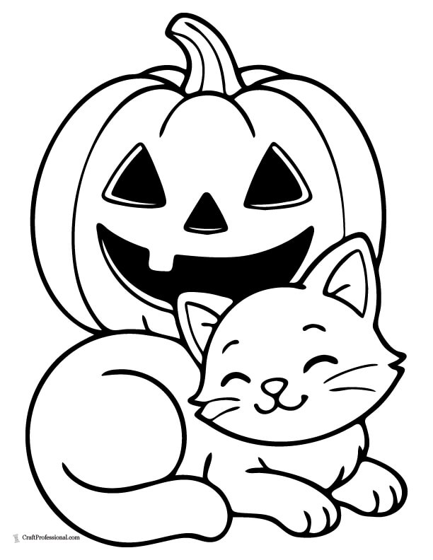 Jack o'lantern and cute kitten cuddled together coloring page Jack o'lantern and cute kitten cuddled together coloring page