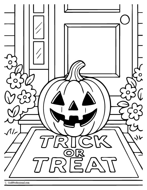 Jack o'lantern sitting on a doorstep on a doormat that reads "trick or treat" on the doormat coloring page