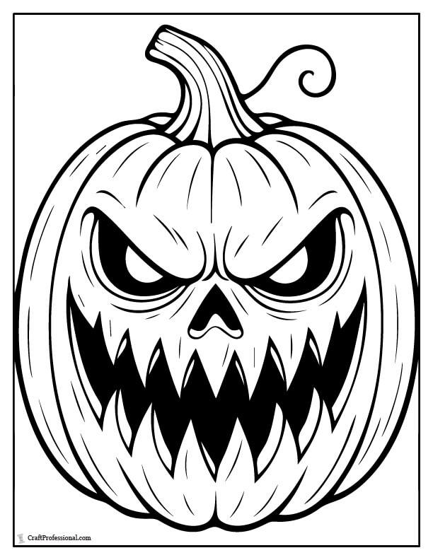 Scary jack o'lantern with sharp teeth and angry eyes, coloring page