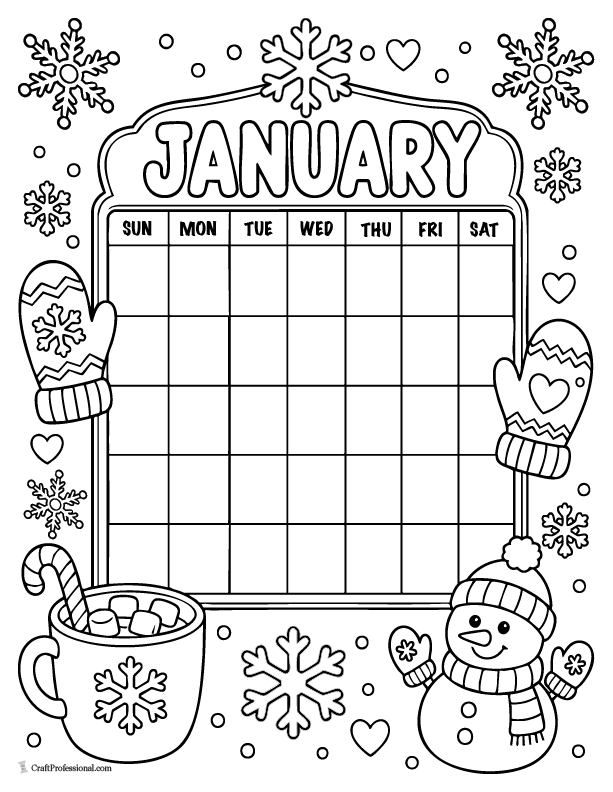 January calendar coloring page decorated with snowflakes, mittens, hot cocoa, and a snowman.