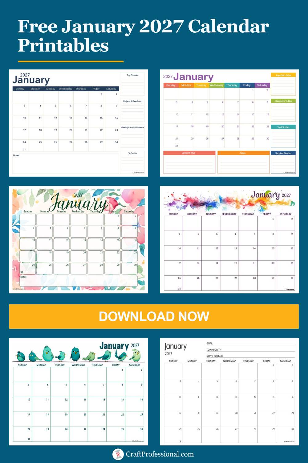 Collage of January 2027 printable calendar designs with floral, colorful, simple, and practical layouts, with text reading “Free Printable January 2027 Calendars.”