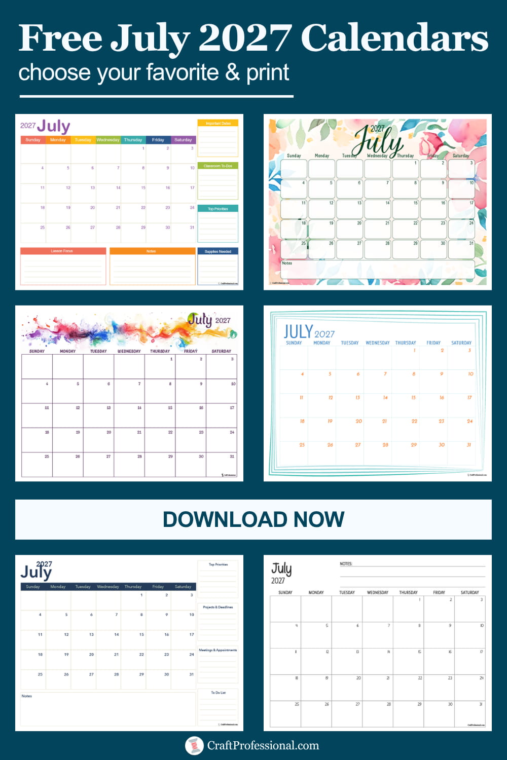 Printable July calendar preview with text reading "Free July Calendars. Choose Your Favorite & Print."