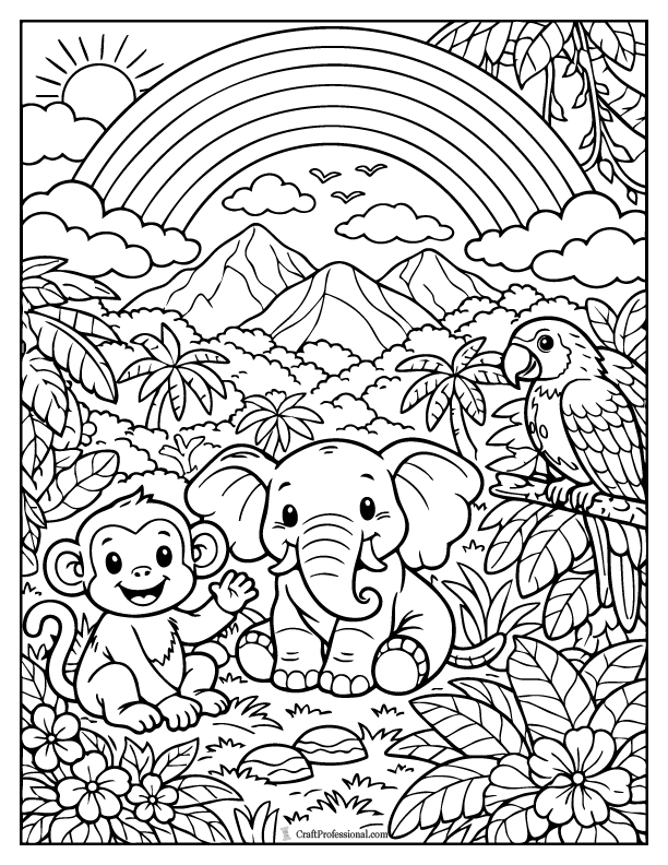 Rainbow coloring page with a monkey, elephant, and parrot in a jungle scene.