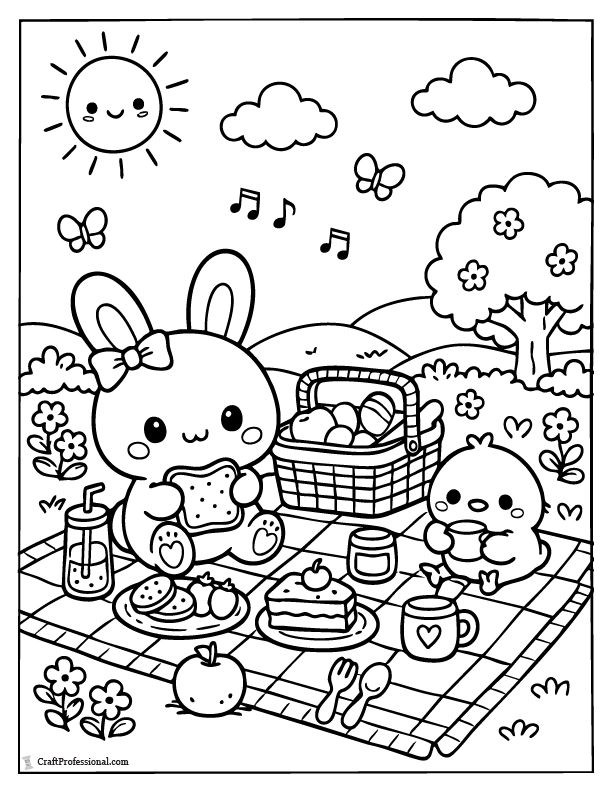 Kawaii Easter bunny and chick picnic coloring page printable.