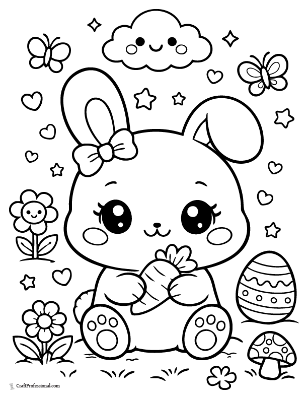 Kawaii style cute Easter bunny with big eyes and blush cheeks coloring page.