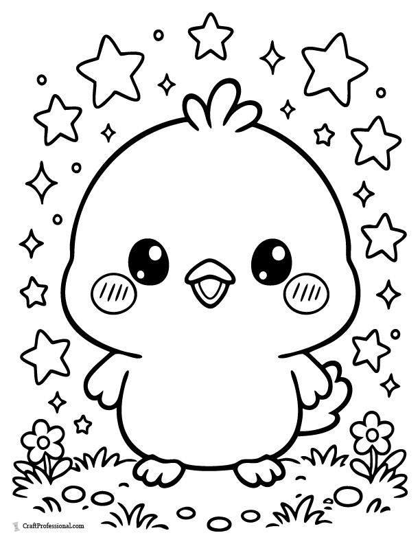 Kawaii Easter chick with blushing cheeks and stars coloring page.
