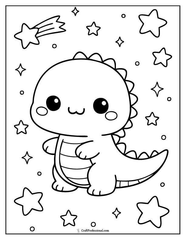 Kawaii dinosaur with stars coloring page
