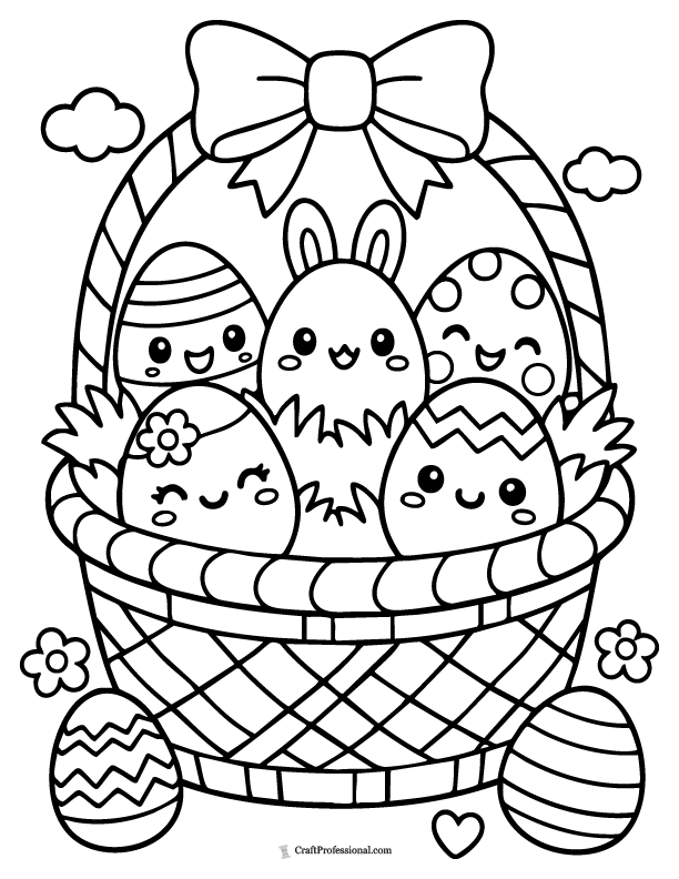 Kawaii Easter basket with cute smiling eggs coloring page.