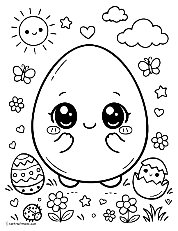 Kawaii Easter egg with big eyes and blush cheeks coloring page printable.