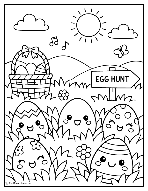 Kawaii Easter egg hunt scene with smiling eggs coloring page.