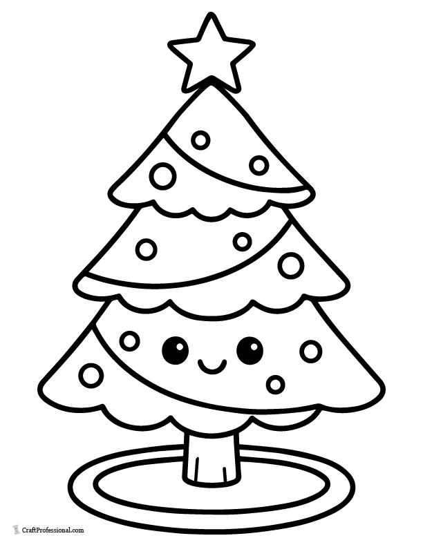 Kawaii easy Christmas tree for toddlers coloring page.