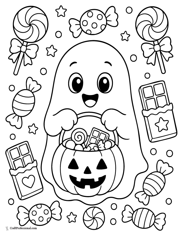 Kawaii ghost coloring page with a pumpkin candy bucket and Halloween candy for younger kids.