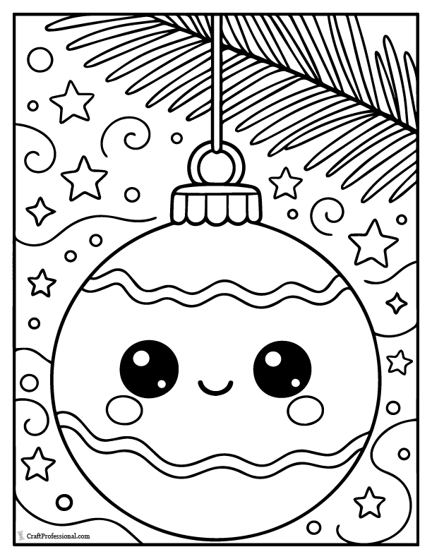 Cute Kawaii-style Christmas ornament, coloring page.