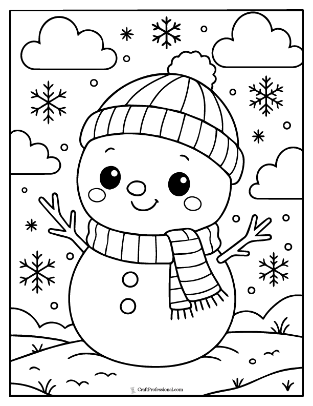 Cute, Kawaii style snowman, coloring page.