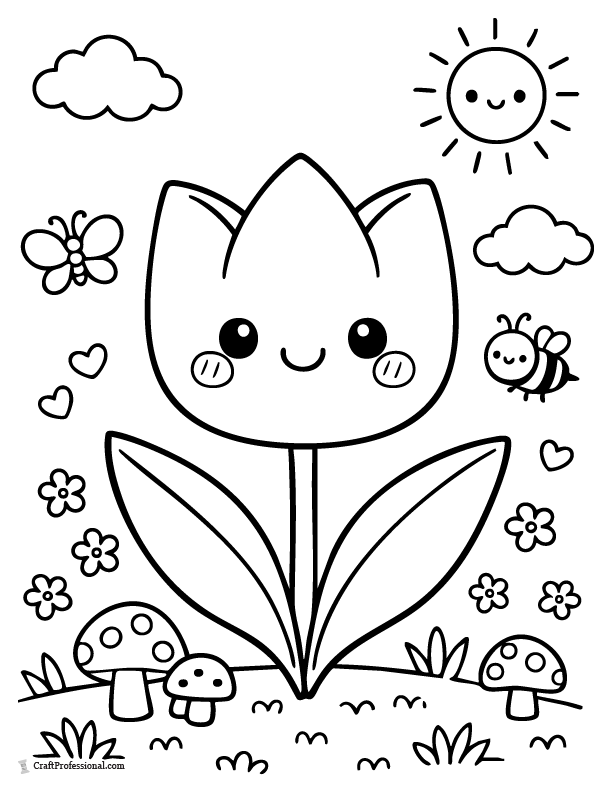 Cute kawaii tulip coloring page with smiling face and blush cheeks.