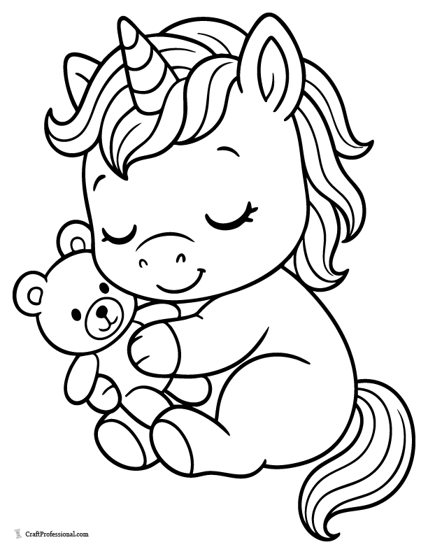 Cute baby unicorn coloring page hugging a teddy bear in a toddler-style pose