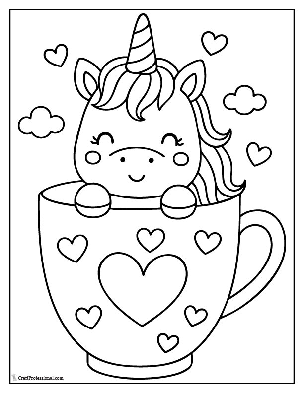 Adorable unicorn coloring page peeking out of a big teacup decorated with hearts