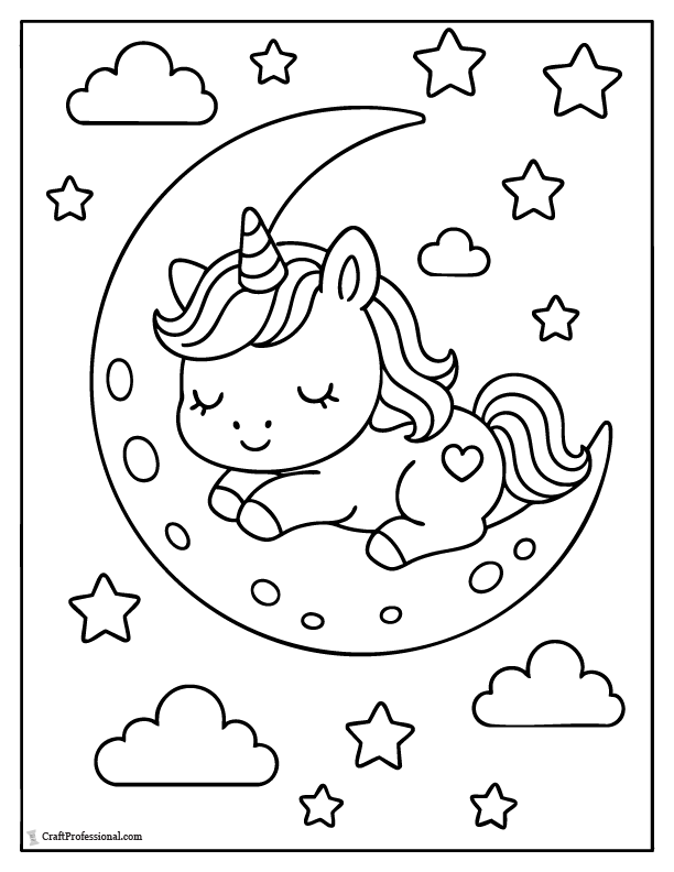 Kawaii unicorn coloring page with a sleeping unicorn on a crescent moon and curly mane