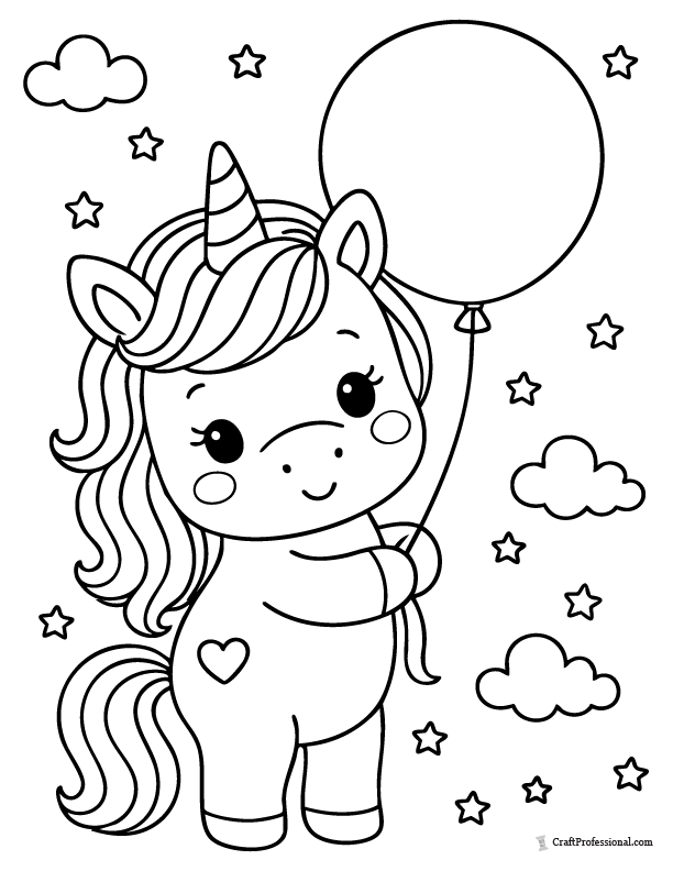 Blushing kawaii unicorn coloring page holding a floating heart-shaped balloon.