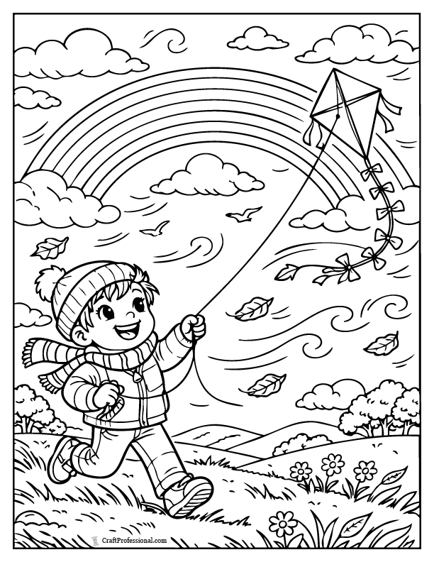Child flying a kite on a breezy day with a rainbow overhead in a spring coloring page.