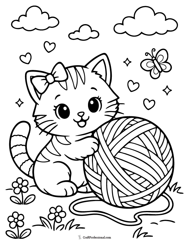 Kitten coloring page with a big ball of yarn, free printable.