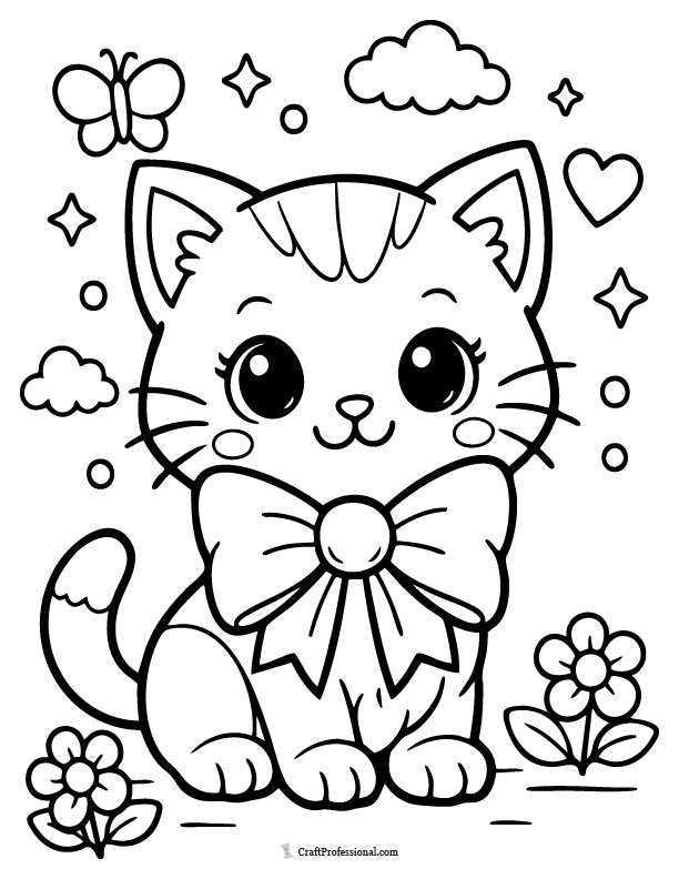 Kitten coloring page with a big bow tie, free printable