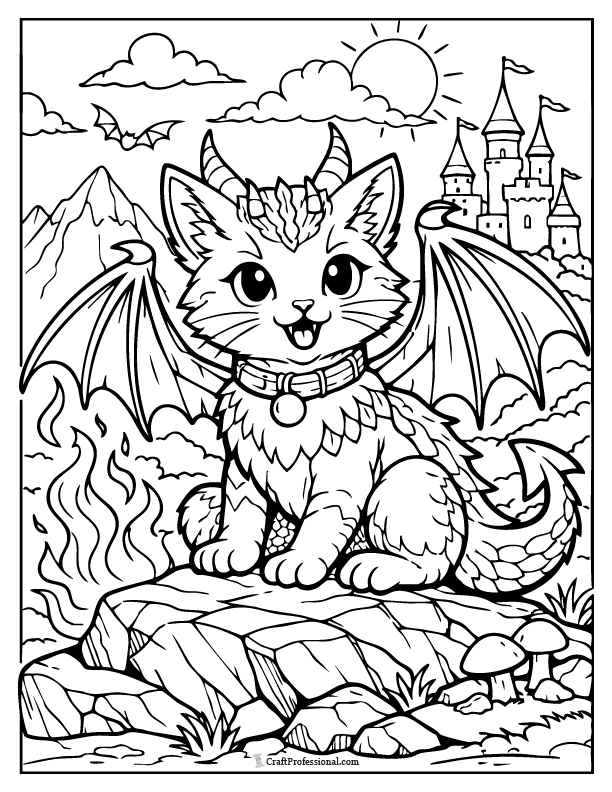 Dragon kitty coloring page with wings and tail, printable.