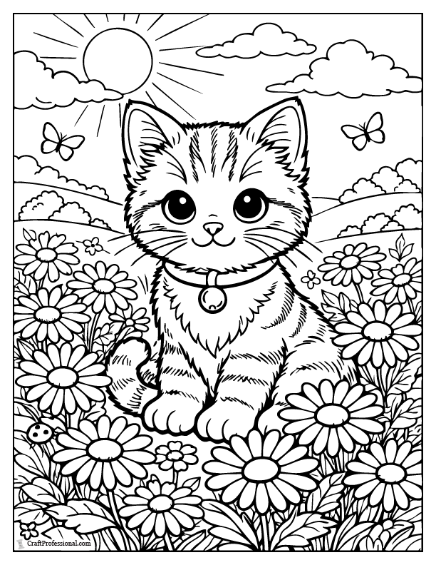Kitten coloring page in a field of daisies, printable.