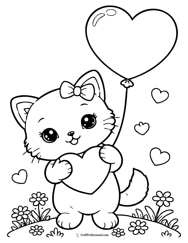Kitten coloring page holding a heart balloon, printable cat coloring sheet.