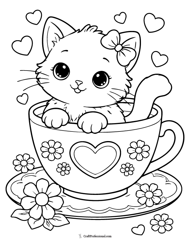 Kitten in a teacup coloring page, cute printable cat coloring pag.