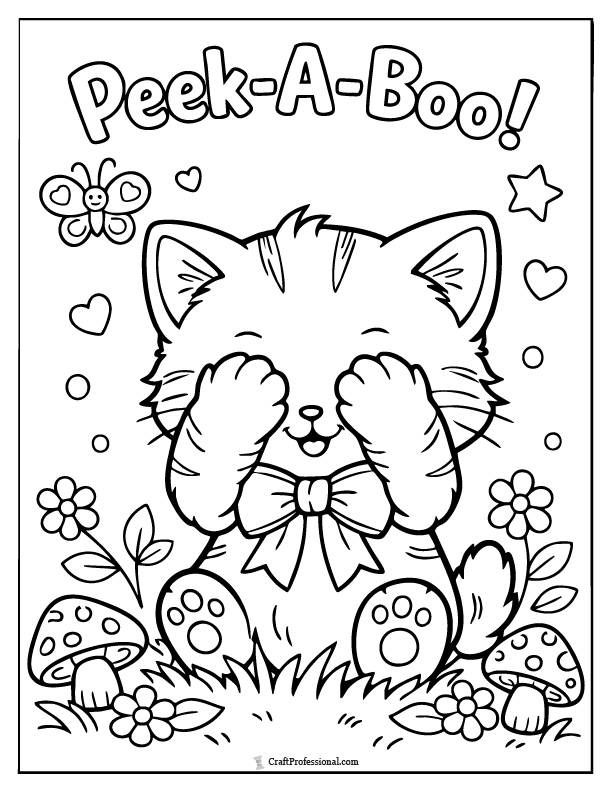 Kitten coloring page playing peekaboo in a field of flowers, printable.