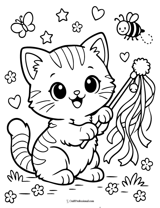 Kitten coloring page playing with a ribbon wand toy, printable.