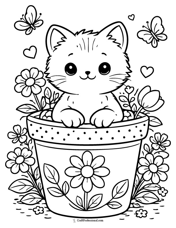 Kitten coloring page sitting in a flower pot, free printable.