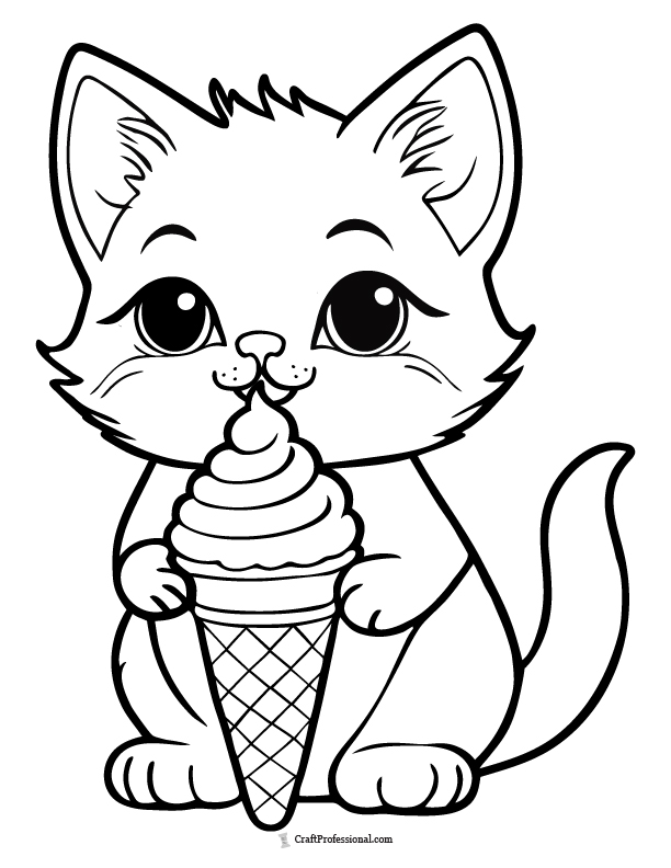Kitten with an ice cream cone coloring page
